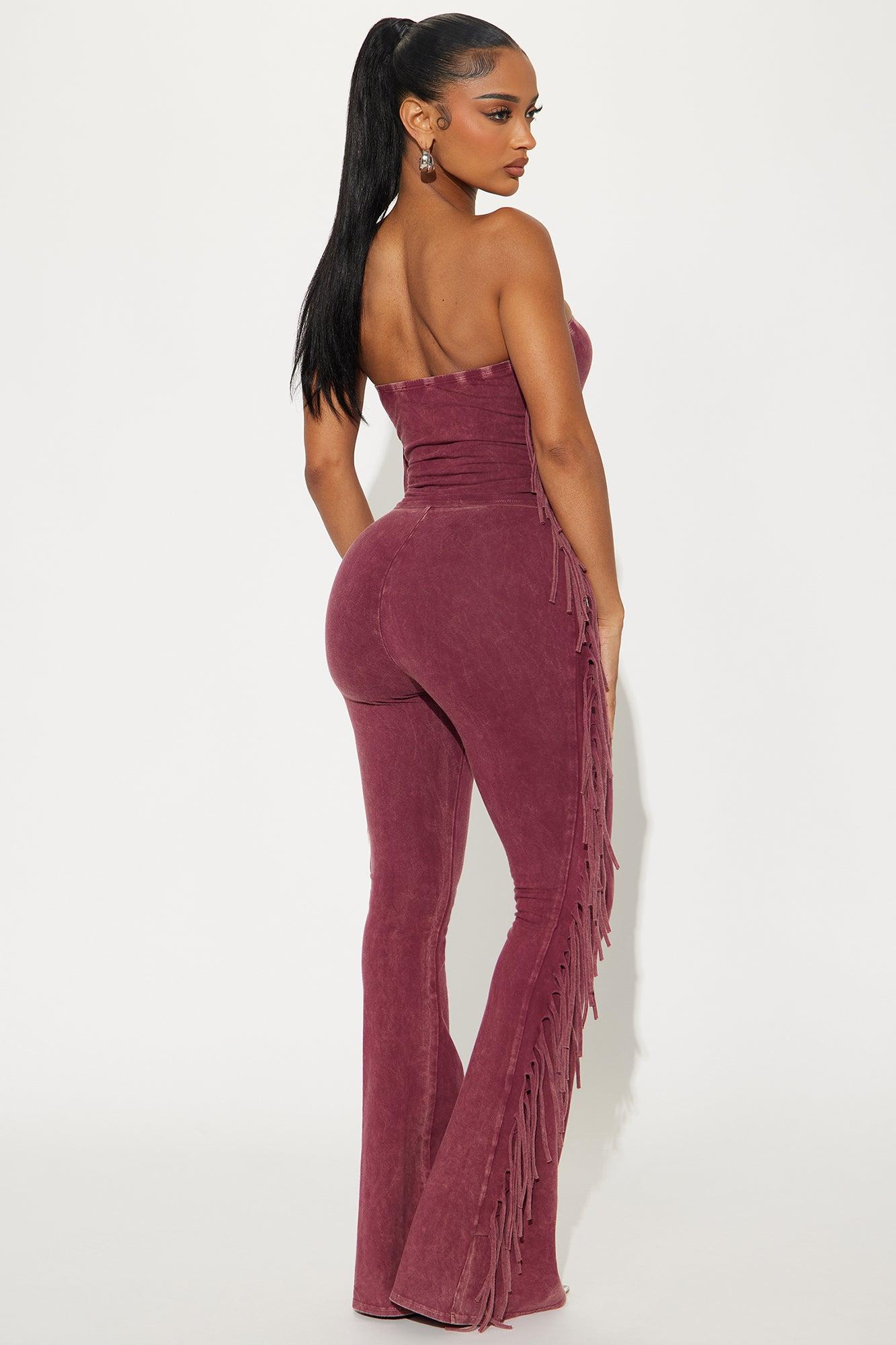Festival Fringe Washed Pant Set - Burgundy Product Image
