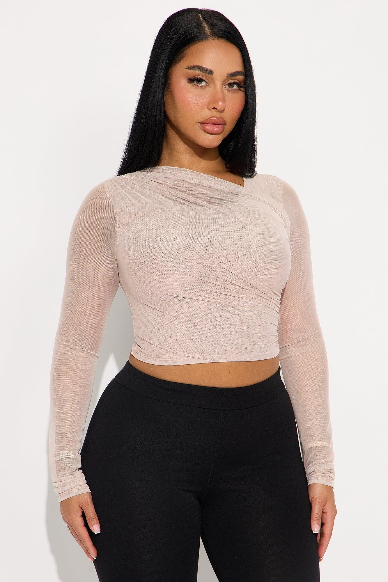 Julane Ruched Long Sleeve Mesh Top - Stone Female Product Image