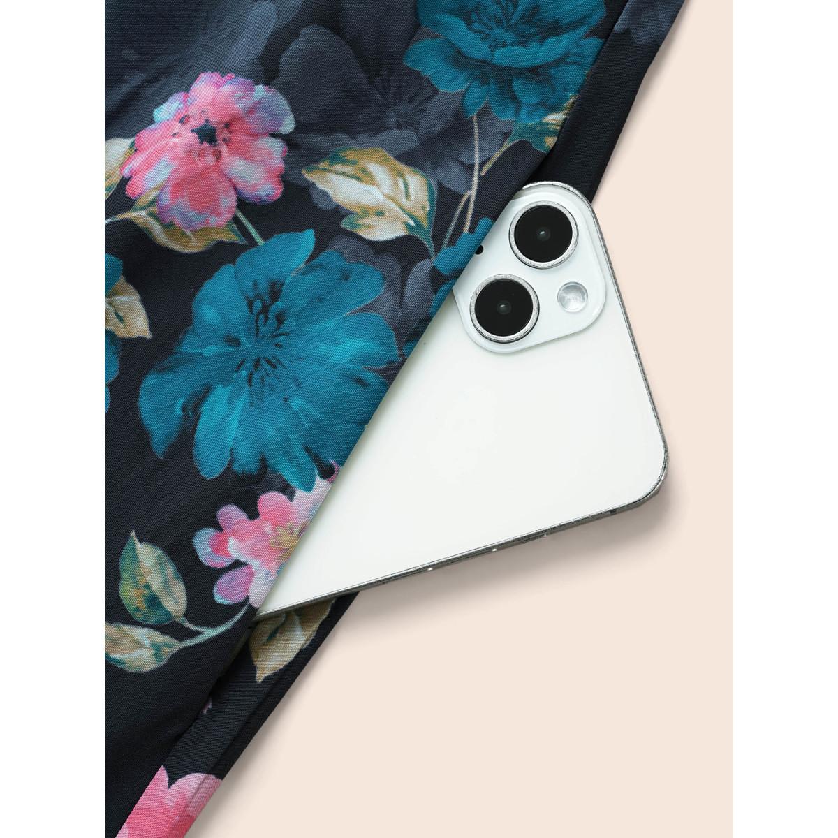 Plus Size V Neck Floral Patchwork Belted Dress Cerulean Women Elegant Belted V-neck Long Sleeve Curvy BloomChic 12/L Product Image