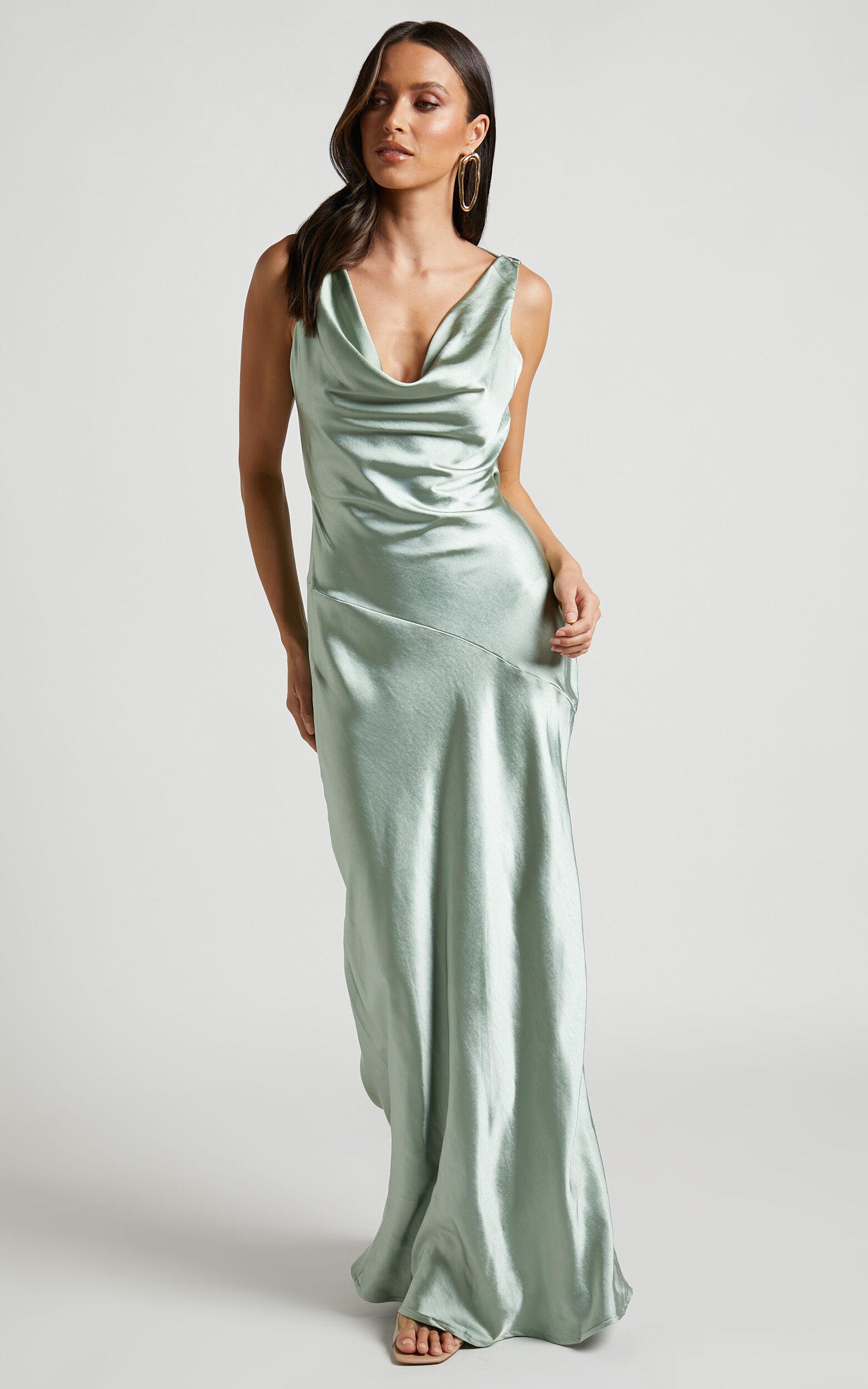 Adilah Maxi Dress - Cowl Neck Satin Dress in Pistachio Product Image