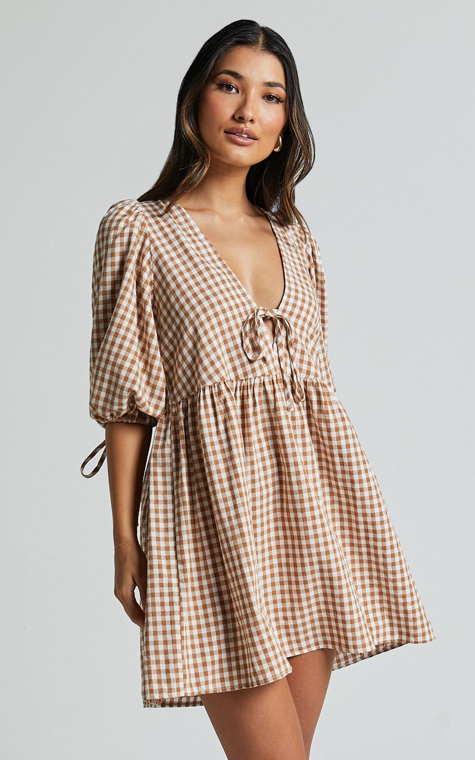 Rosita Mini Dress - Tie Front Puff Sleeve Dress in Caramel & White Gingham Product Image