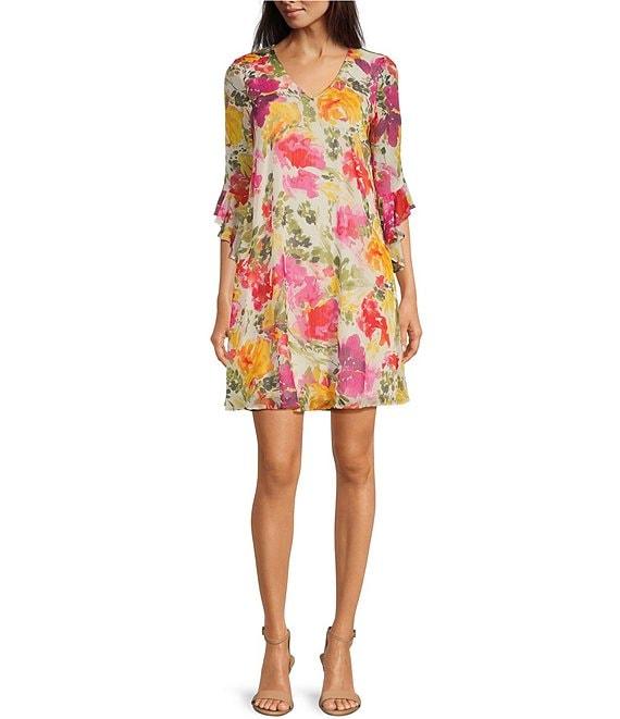 Calvin Klein 3/4 Angel Sleeve V-Neck Floral Chiffon Dress Product Image