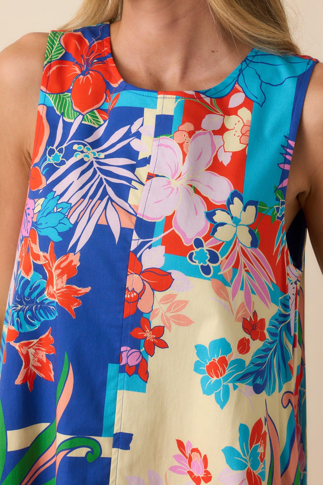 Glow From Within Blue Tropical Floral Cotton Mini Shift Dress Product Image