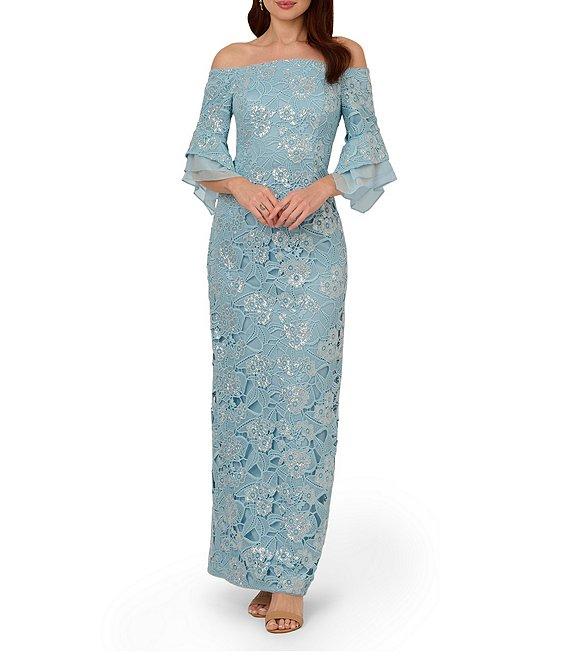 Adrianna Papell Sequin Lace Off-The-Shoulder Neck 3/4 Flutter Sleeve Column Gown Product Image