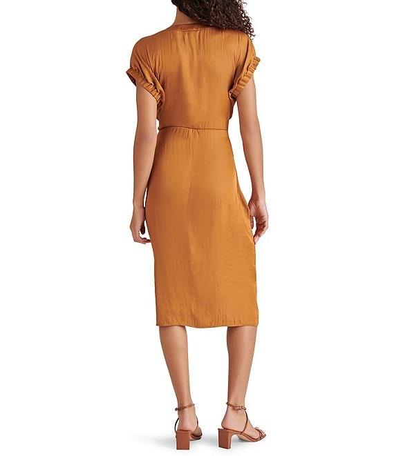 Steve Madden Bruno Satin V-Neck Short Sleeve Wrap Midi Dress Product Image