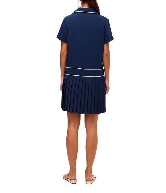 Trina Turk Racquet Georgette Point Collar Short Sleeve Pleated Dress Product Image