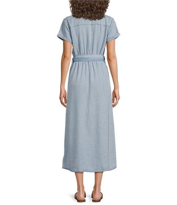 Cloth & Stone Chambray Collared Short Sleeve Belted Midi Shirt Dress Product Image