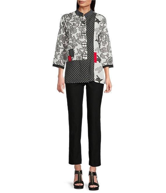 Ali Miles Jacquard Multi Patch Print Stand Collar 3/4 Sleeve Button Front Tunic Product Image