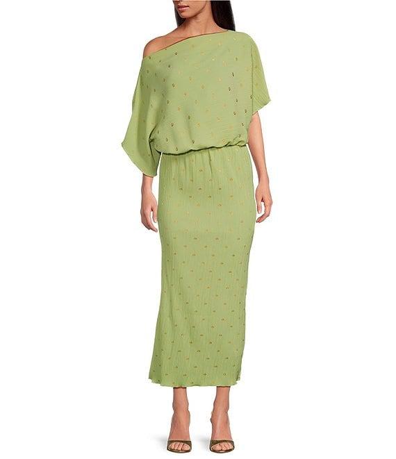 Never Fully Dressed Tilly Plisse Gold Fleck Print One Shoulder Neck Short Sleeve Maxi Dress Product Image