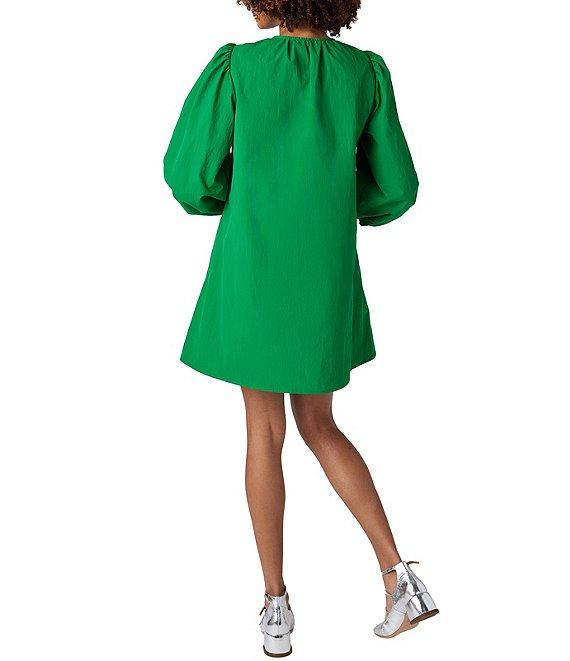 CROSBY by Mollie Burch Beckham Shantung Ruched Wired U-Neckline Long Balloon Sleeve Shift Dress Product Image