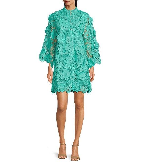 J.Marie Seraphina Floral 3D Lace Split Round Button Up Neck Long Sleeve Shift Dress Product Image