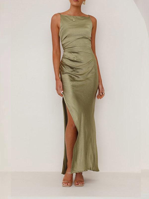 Sleeveless Pleated Solid Color Split-Joint Split-Side Spaghetti-Neck Midi Dresses Product Image