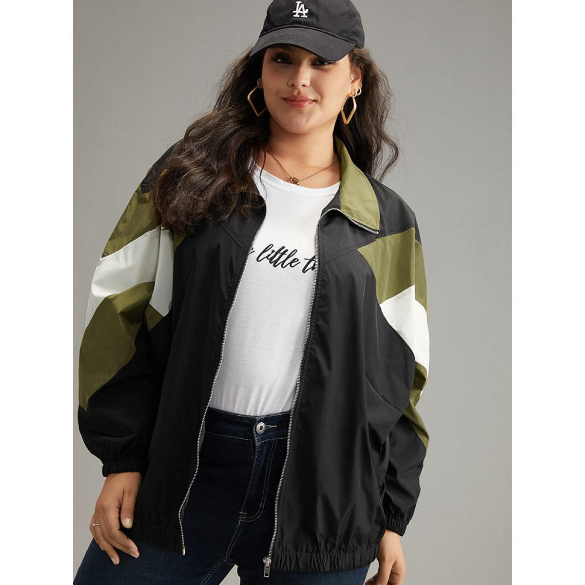 Plus Size Colorblock Patchwork Pocket Zipper Windbreaker Women Multicolor Contrast Pocket Everyday Jackets BloomChic 22-24/3X Product Image