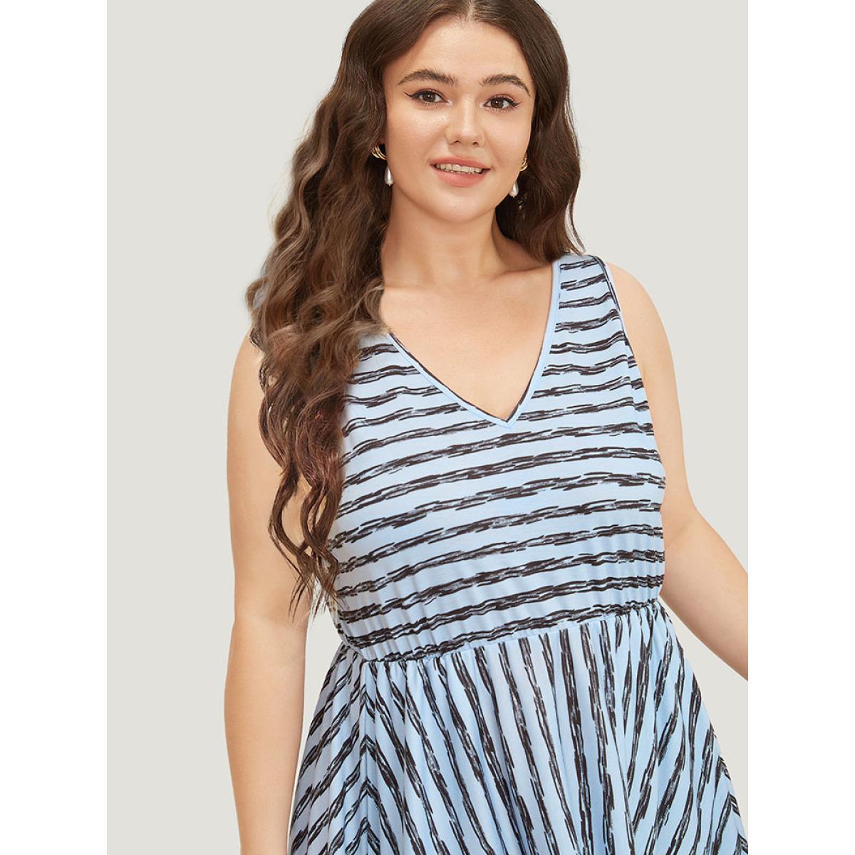 Plus Size Striped Print Hanky Hem Pocket V Neck Tank Dress Stone Women Elegant Gathered V-neck Sleeveless Curvy Midi Dress BloomChic 22-24/3X Product Image