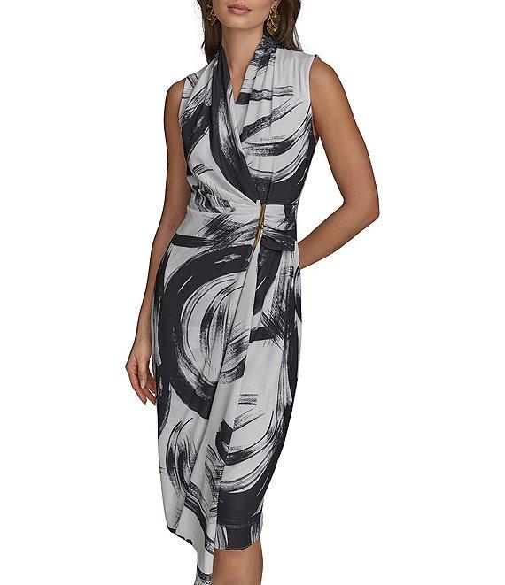 Donna Karan Crepe V-Neck Sleeveless Faux Wrap Midi Dress Product Image