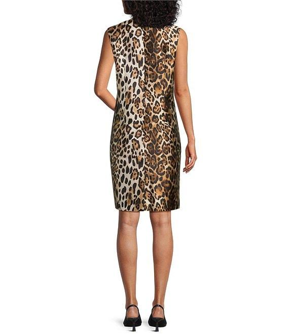 Caroline Rose Leopard Print Mikado Round Neck Sleeveless Sheath Dress Product Image