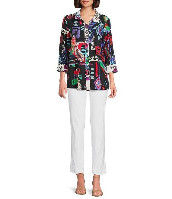 Ali Miles Abstract Printed Woven Wire Collar 3/4 Sleeve Button Front Tunic Product Image