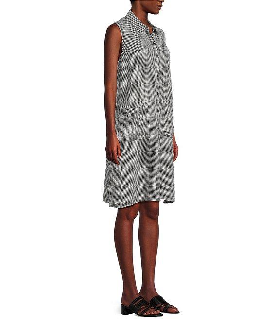 Eileen Fisher Puckered Organic Linen Point Collar Sleeveless Shirtdress Product Image