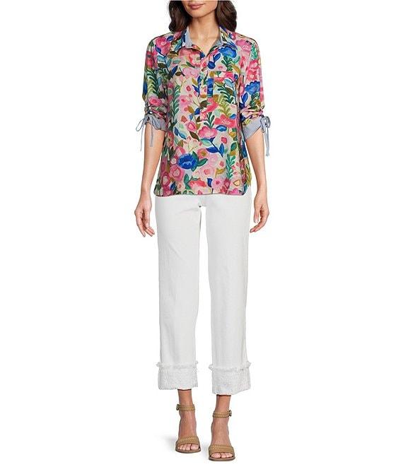 John Mark Floral Embroidered Fringe Hem Straight Leg Pants Product Image