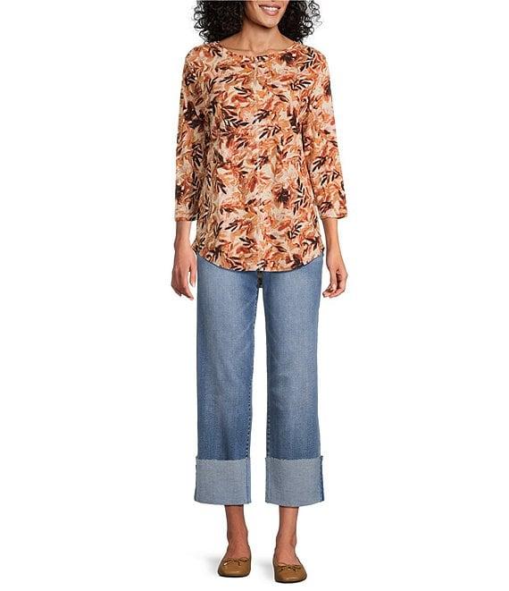 Westbound Petite Size Butter Cream Falls Leaves 3/4 Sleeve Crew Neck Knit Top Product Image