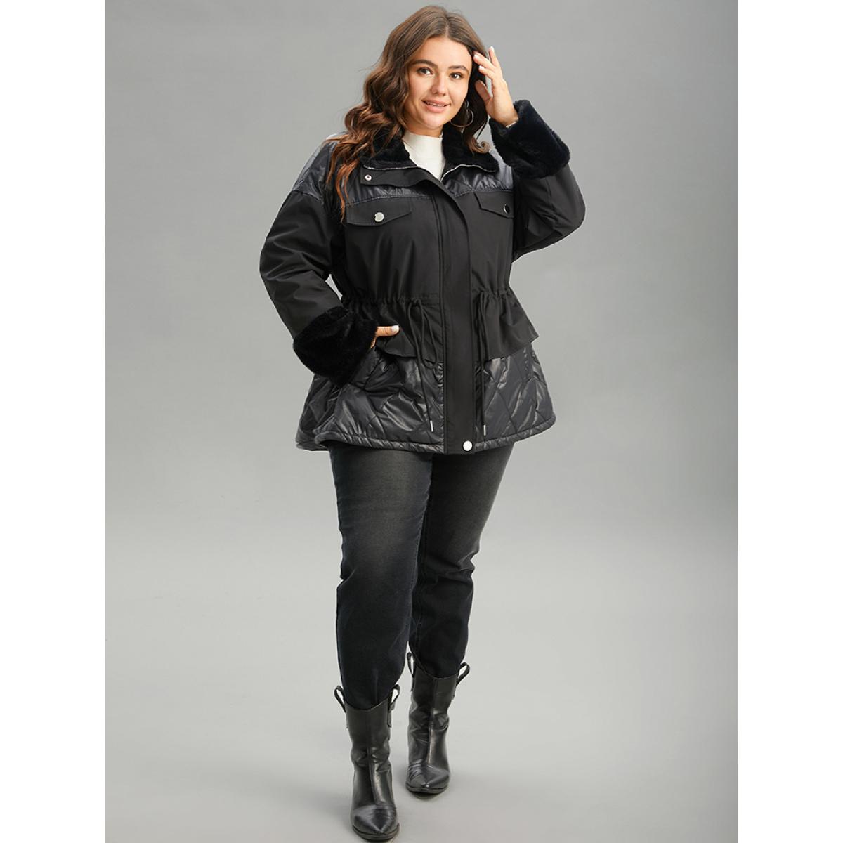 Plus Size Patchwork Fuzzy Drawstring Pocket Quilted Coat Women Black Casual Zipper Ladies Dailywear Winter Coats BloomChic 18-20/2X Product Image