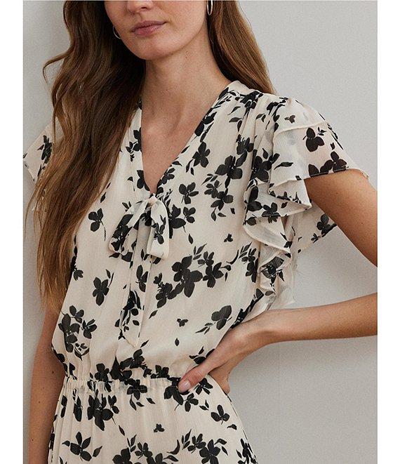 Lauren Ralph Lauren Crinkle Georgette Floral Print V-Neck Cap Sleeve Maxi A-Line Dress Product Image
