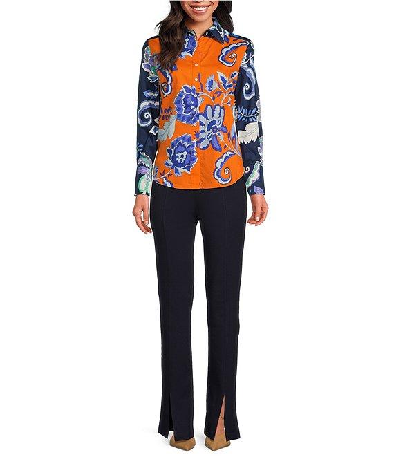 tyler boe Chloe Floral Print Color Block Point Collar Long Sleeve Blouse Product Image