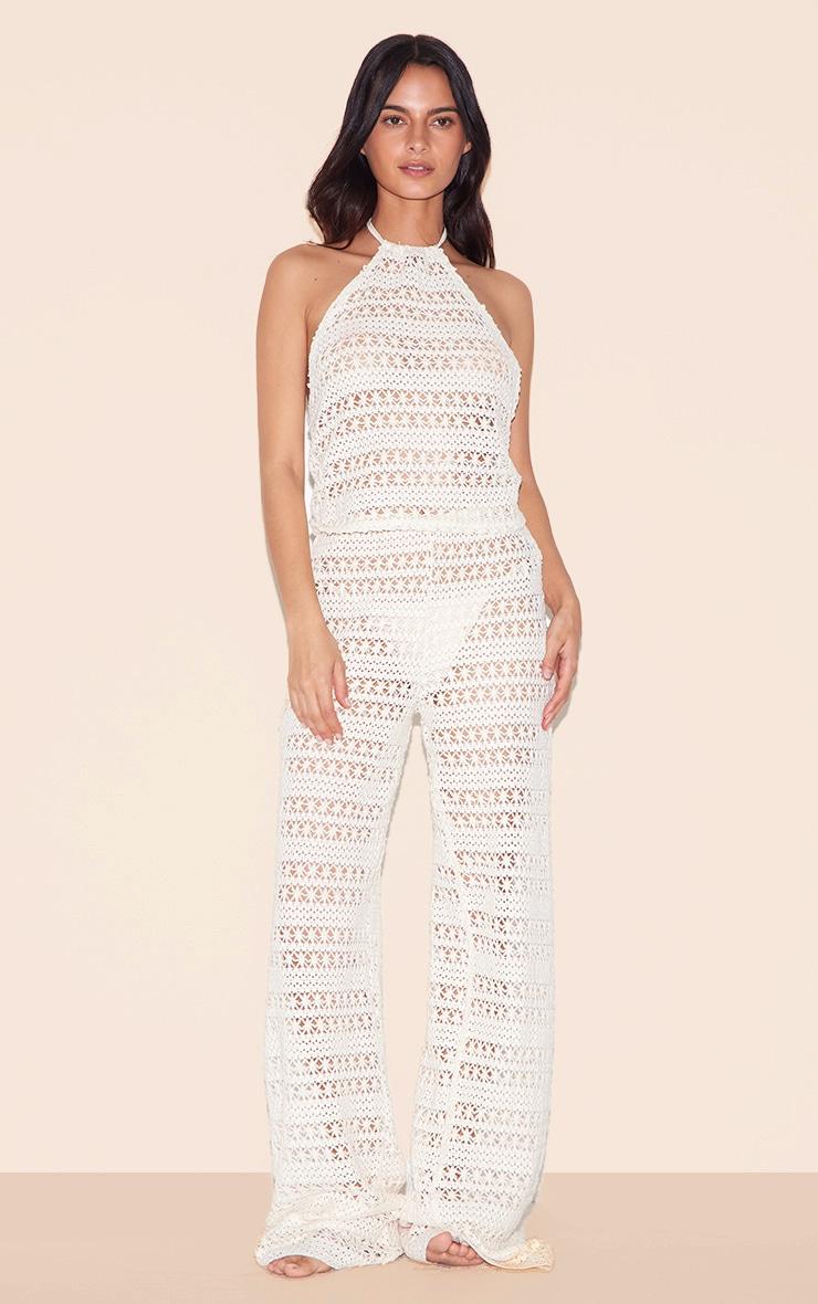 Cream Crochet Wide Leg Pant Beach Set Product Image
