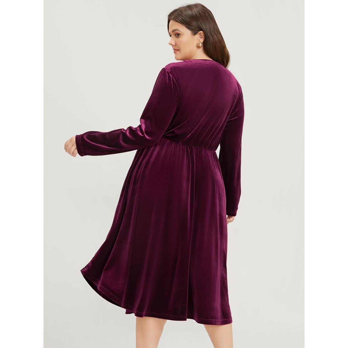 Plus Size Solid Mesh Patchwork Pocket Velvet Arc Hem Dress Burgundy Women Party See through Round Neck Long Sleeve Curvy Midi Dress BloomChic 26/4X Product Image
