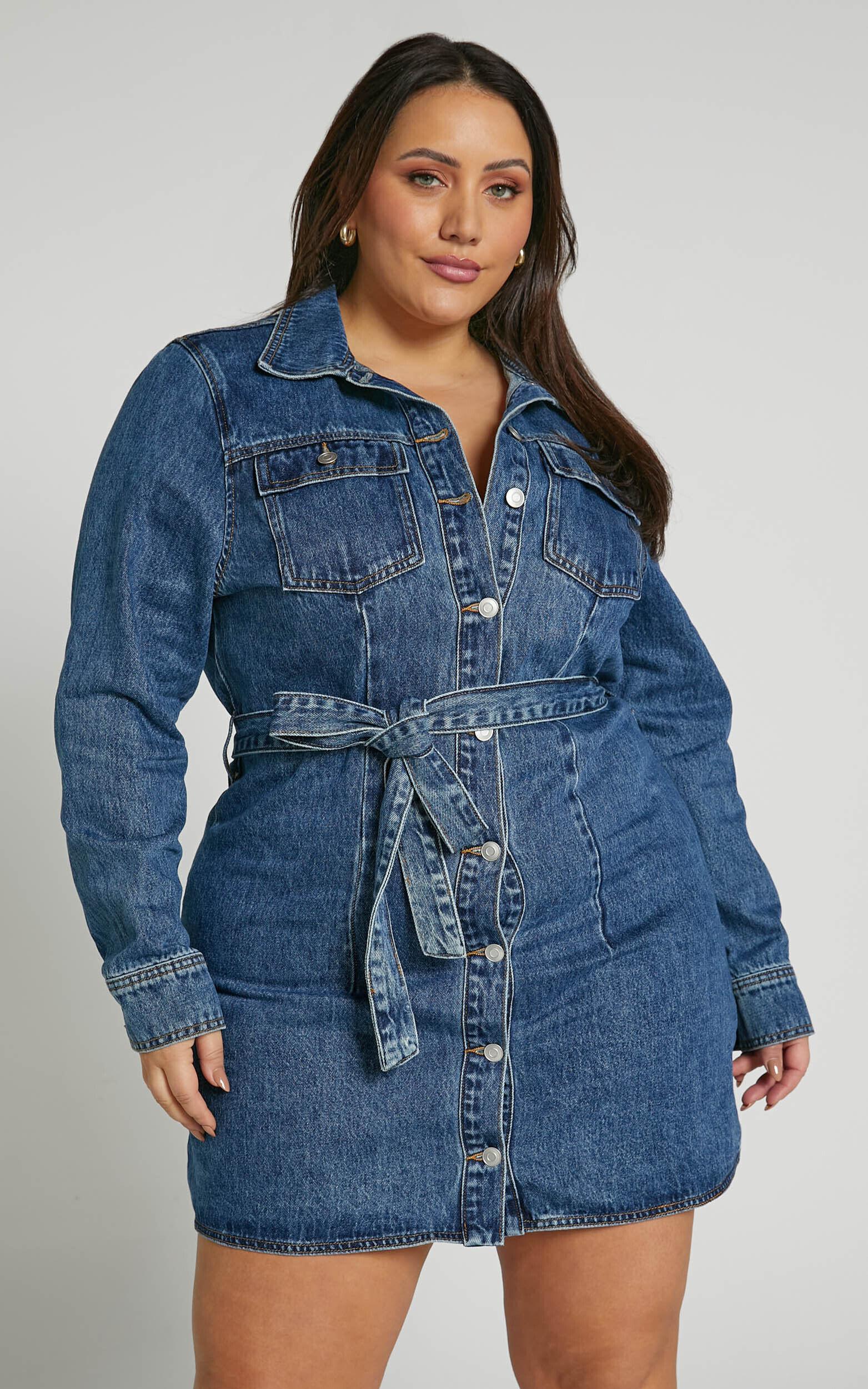 Enriquetta Mini Dress - Cotton Denim Long Sleeve Button Up Dress in Blue Product Image