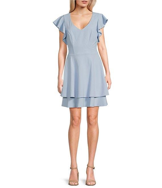Next Up Short Flutter Sleeve V-Neck Back Twist Cut Out Loop And Button Solid Dress Product Image