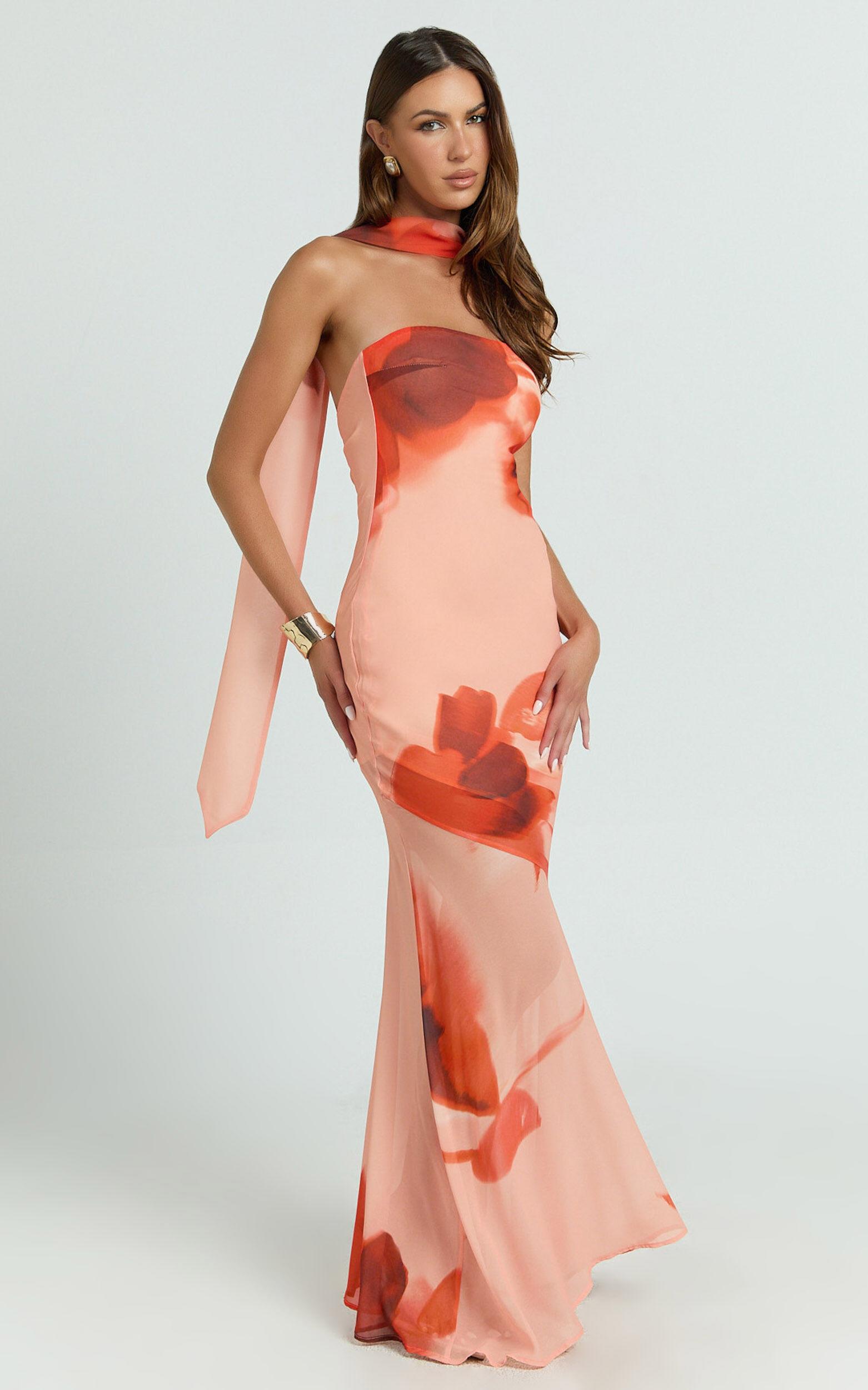 Angie Maxi Dress - Strapless Bias Column Dress with Scarf in Orange Product Image