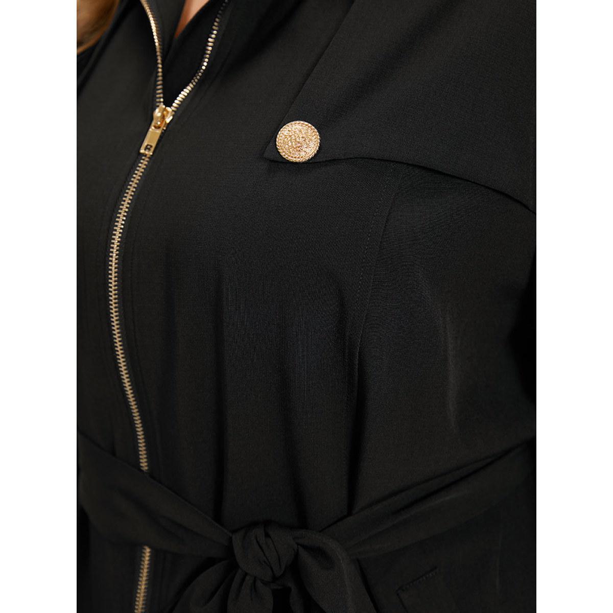 Plus Size Solid Belted Button Detail Zipper Pocket Coat Women Black Plain Pocket Belt Dailywear Jackets BloomChic 14-16/1X Product Image