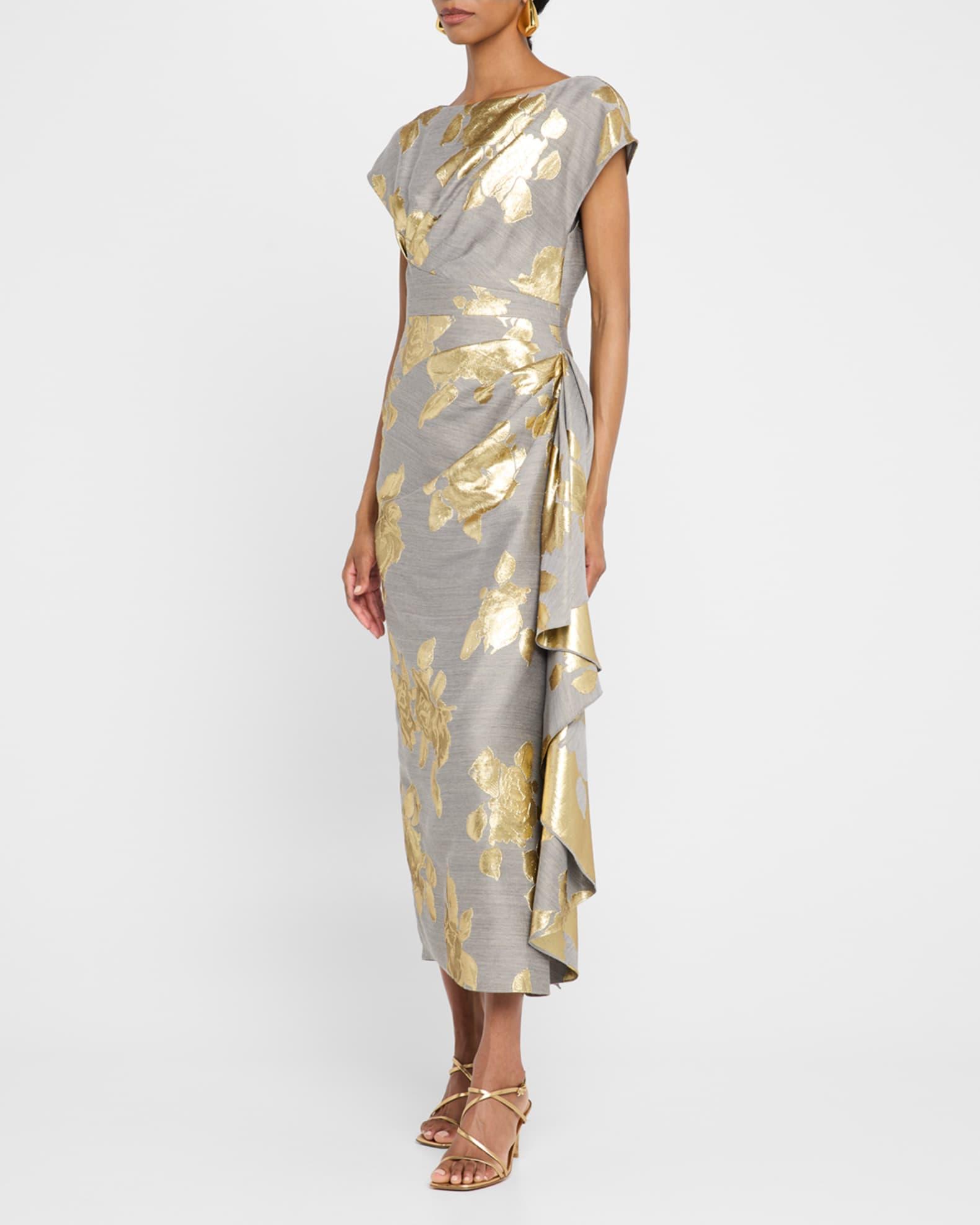 Florence Metallic Floral Jacquard Draped Midi Dress Product Image