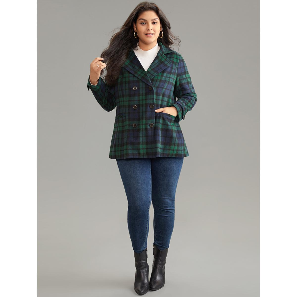 Plus Size Patched Pocket Plaid Double Breasted Coat Women DarkGreen Casual Lined Ladies Dailywear Winter Coats BloomChic 18-20/2X Product Image
