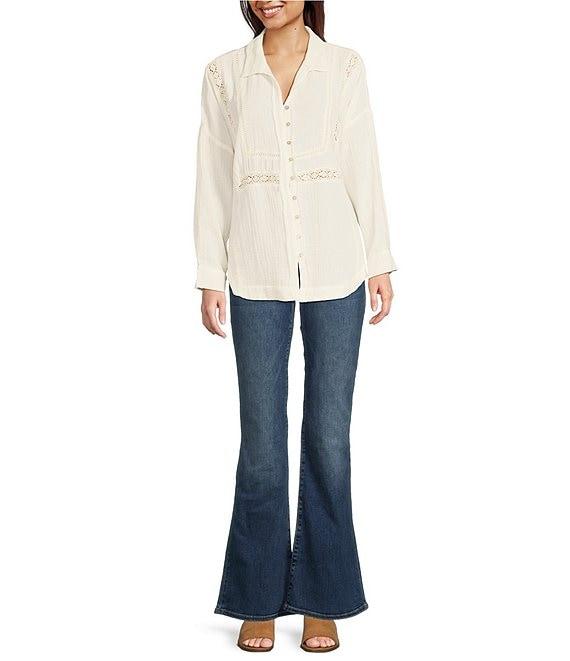 Lucky Brand Gauze Lace Trim Spread Collar Long Sleeve Button-Front Shirt Product Image