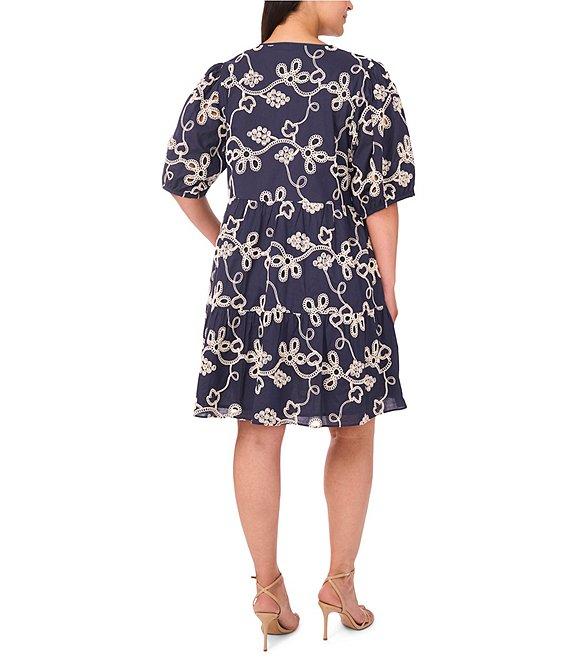 CeCe Plus Size Woven V-Neck Short Puff Sleeve Floral Embroidered Tiered A-Line Dress Product Image