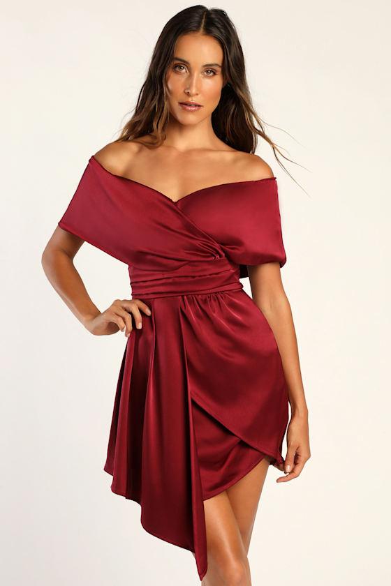 Always Celebrating Burgundy Satin Off-the-Shoulder Mini Dress Product Image