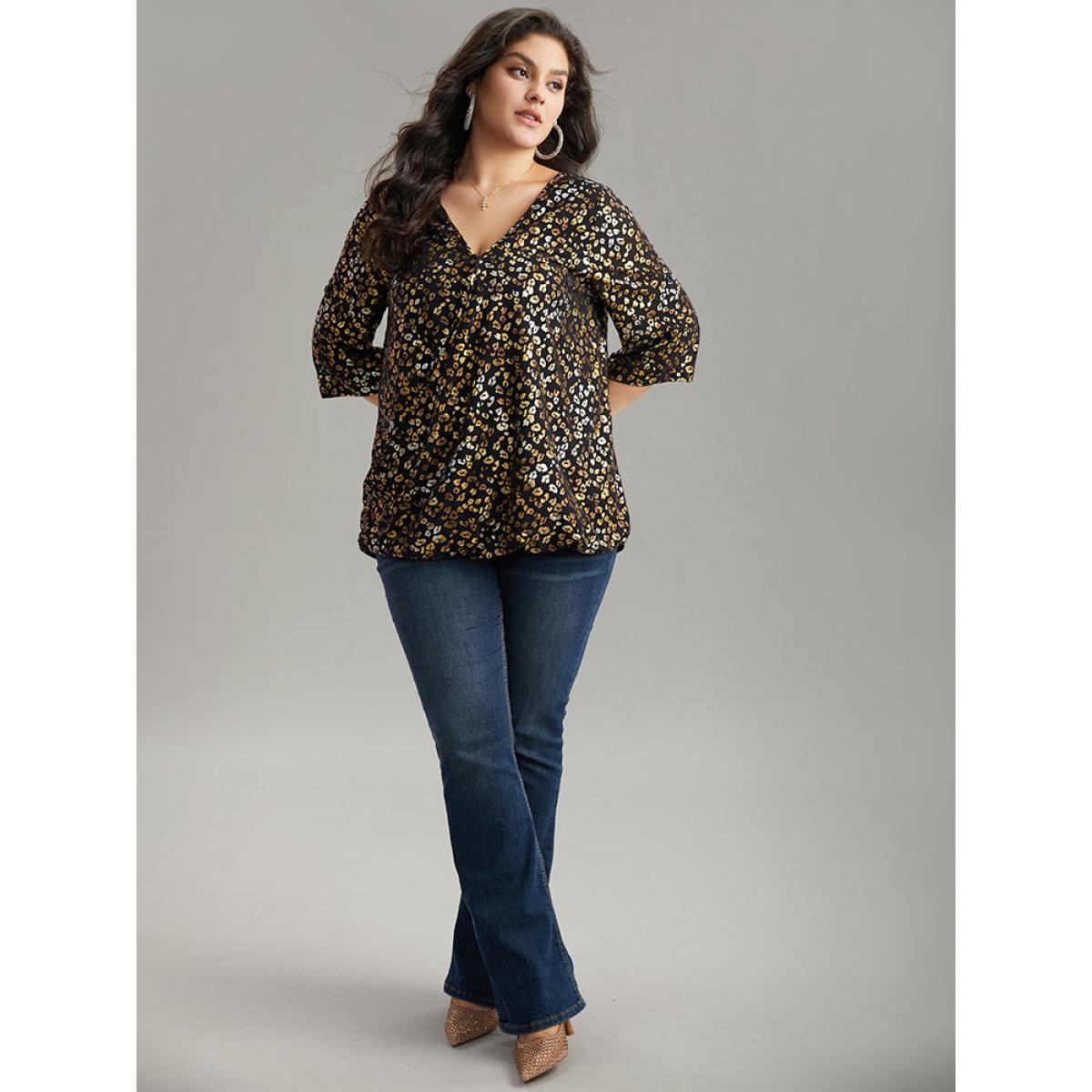 Plus Size Black Leopard Glitter Wrap V Neck Blouse Women Glamour Elbow-length sleeve V-neck Going out Blouses BloomChic 10/M Product Image