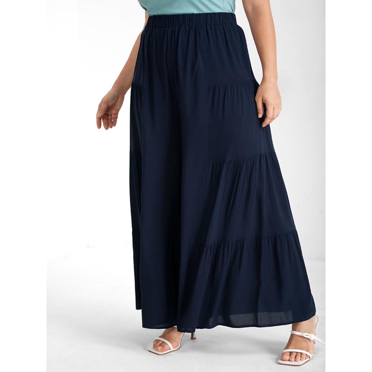 Plus Size High Waisted Chiffon Wide Leg Pants Women DarkBlue Casual Loose High Rise Dailywear Pants BloomChic 22-24/3X Product Image