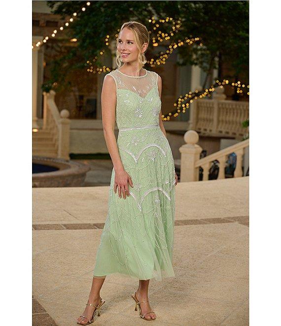 Adrianna Papell Beaded Mesh Crew Neck Sleeveless A-Line Midi Dress Product Image