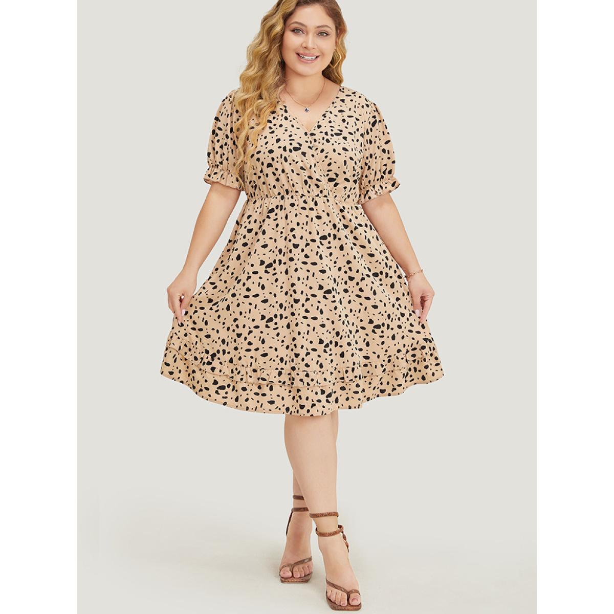 Plus Size Leopard Print Puff Sleeve Pocket Wrap Ruffle Trim Dress Apricot Women Office Wrap V-neck Short sleeve Curvy Knee Dress BloomChic 18-20/2X Product Image