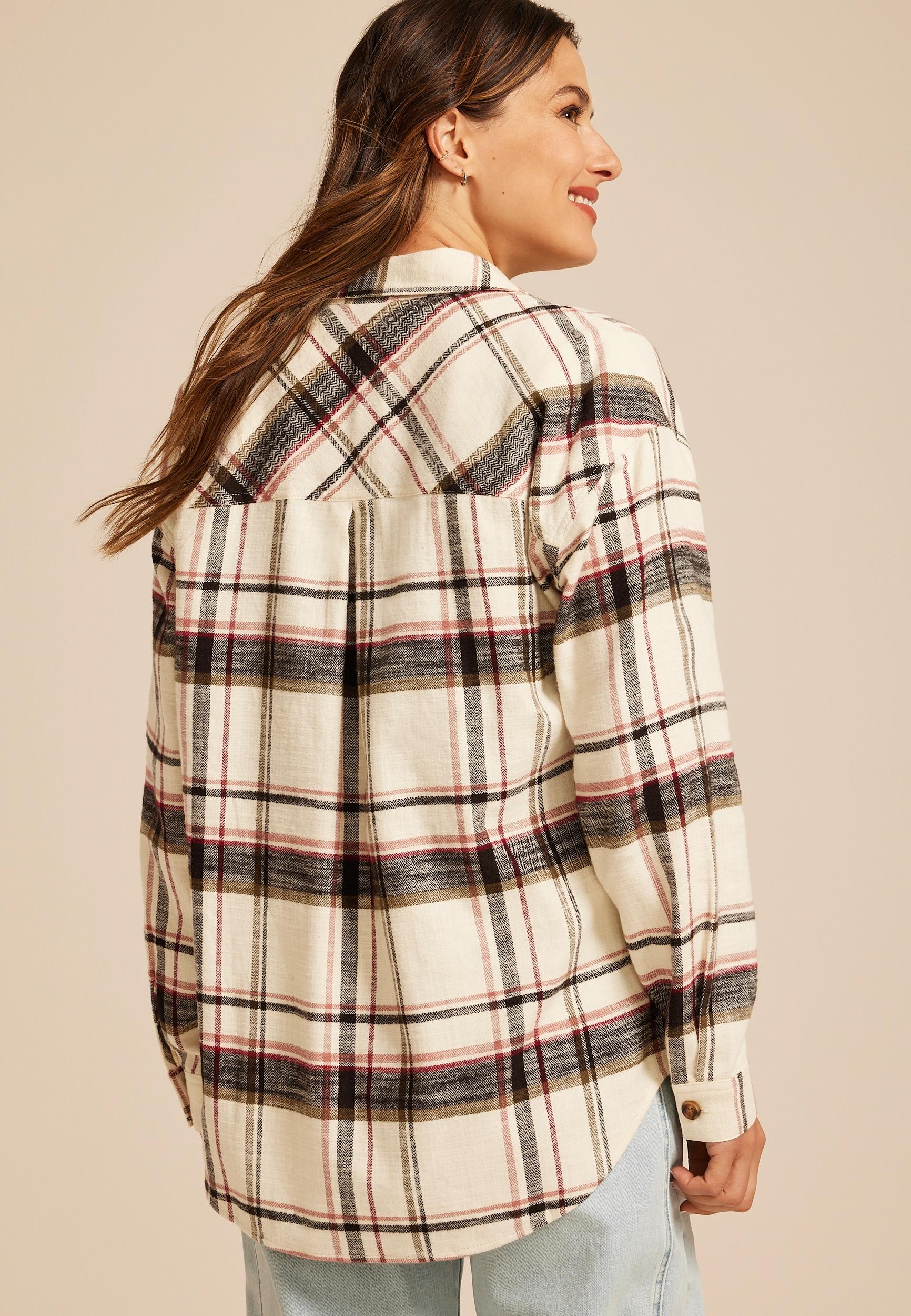 Cabin Plaid Boyfriend Tunic Button Down Shirt Product Image