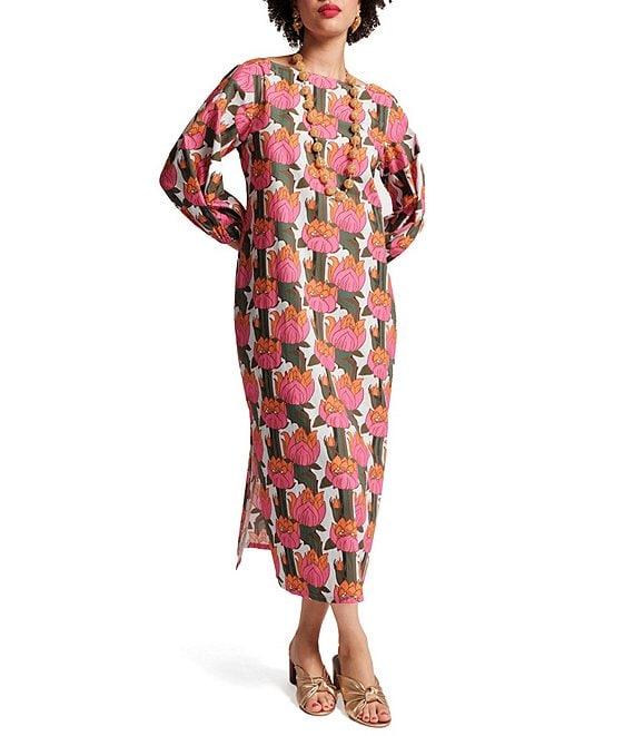 FRANCES VALENTINE Minnow Fireflower Print Boat Neck 3/4 Sleeve Maxi Dress Product Image