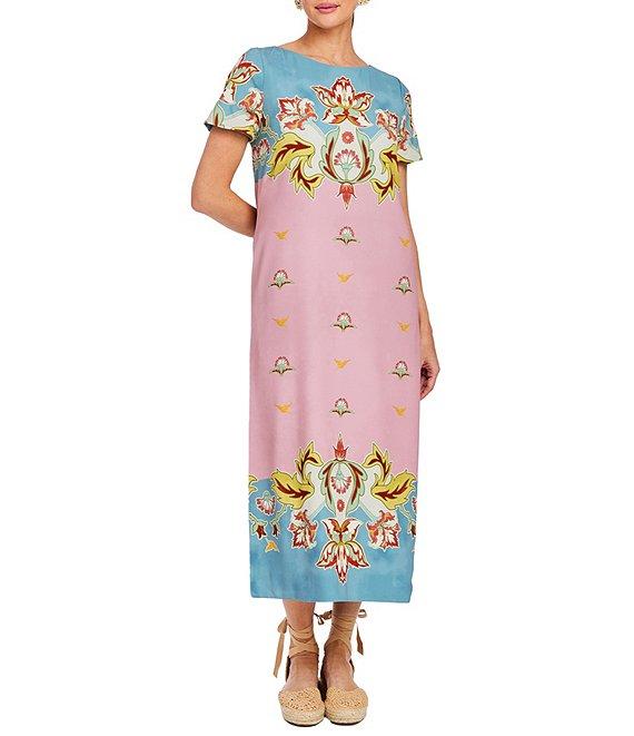 Mestiza New York Adria Stretch Crepe Placement Print Boat Neck Short Sleeve Midi Dress Product Image