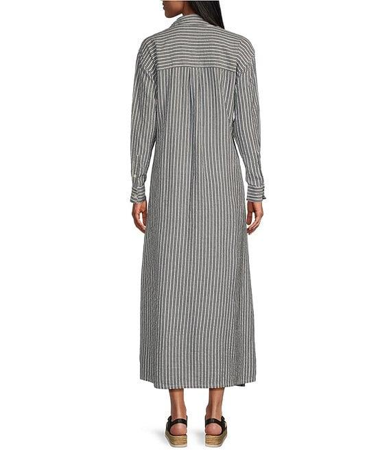 Westbound Button Front Point Collar Long Sleeve Seersucker Cinch Front A-Line Maxi Dress Product Image