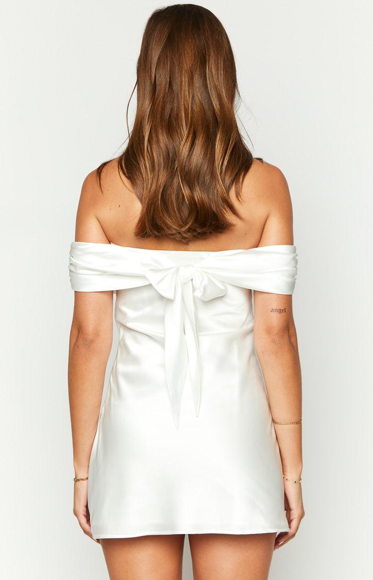 Primrose White Satin Off the Shoulder Mini Dress Product Image