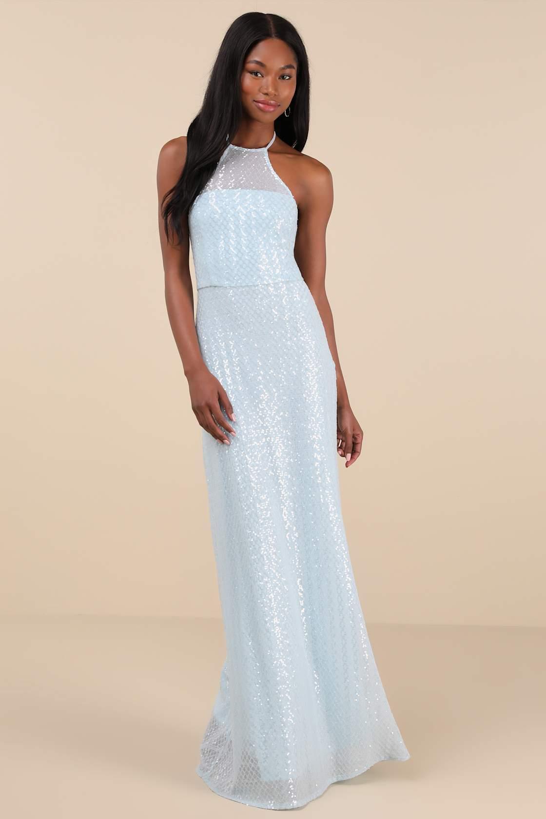 Kalina Light Blue Sequin Halter Maxi Dress Product Image