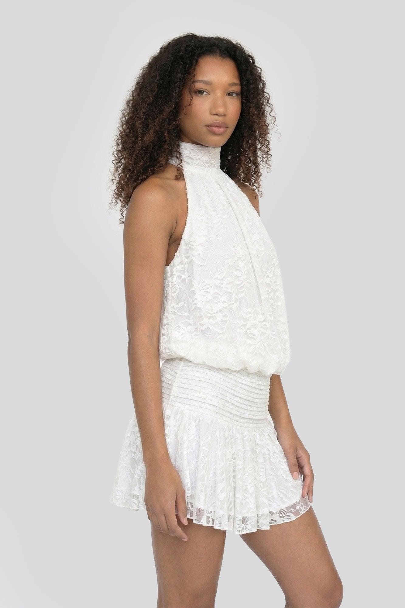 Lace Cinched Waist Mini Halter Dress Female Product Image