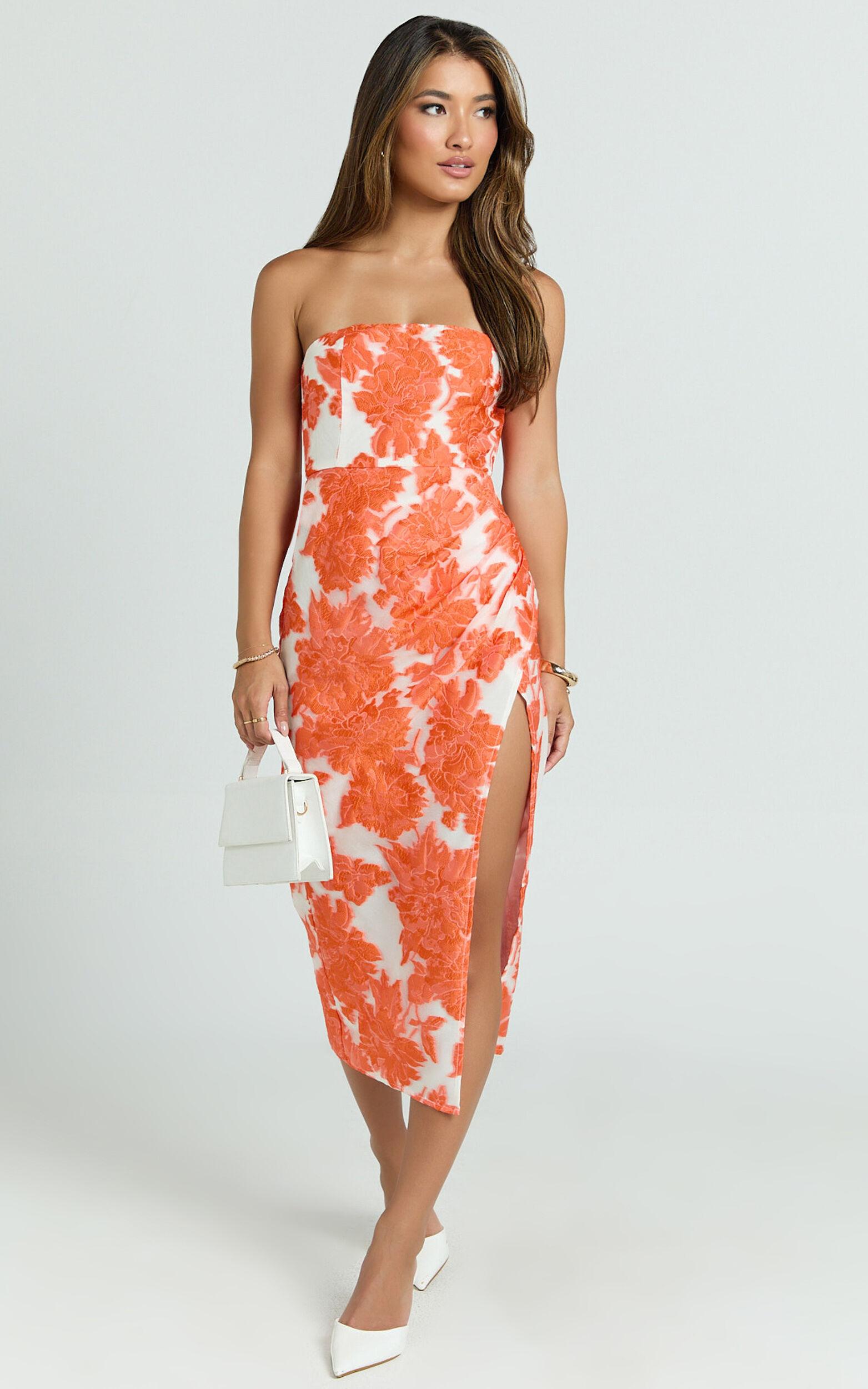 Brailey Midi Dress - Thigh Split Strapless Dress in Orange & White Jacquard Product Image